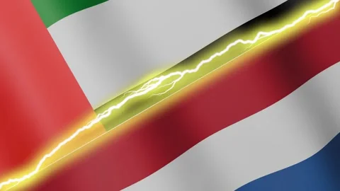 Two waving flags United Arab Emirates and Netherlands with diagonal lightning, Stock Footage 342621458