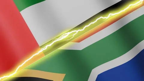 Two waving flags United Arab Emirates and South Africa with diagonal lightning, Stock Footage 342647410