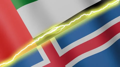Two waving flags United Arab Emirates and Iceland with diagonal lightning, 4k Stock Footage 344279247