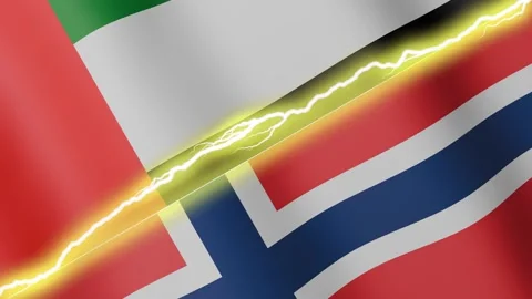 Two waving flags United Arab Emirates and Norway with diagonal lightning, 4k Stock Footage 344569161