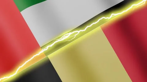 Two waving flags United Arab Emirates and Belgium with diagonal lightning, 4k Stock Footage 344804722