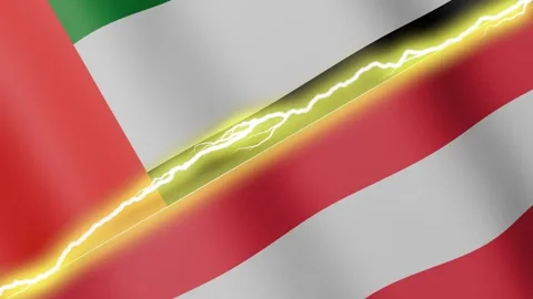 Two waving flags United Arab Emirates and Austria with diagonal lightning, 4k Stock Footage 346015130