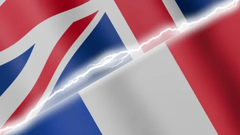 Two waving flags United Kingdom and France with diagonal lightning 4k loop Stock Footage 329224097