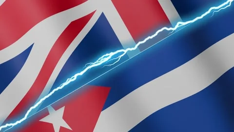 Two waving flags United Kingdom and Cuba with diagonal lightning 4k loop Stock Footage 331303855