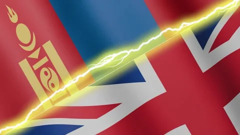 Two waving flags United Kingdom and Mongolia with diagonal lightning, 4k loop Video stock 338196405