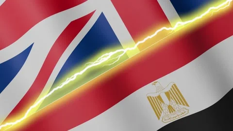 Two waving flags United Kingdom and Egypt with diagonal lightning, 4k loop Stock Footage 339996547
