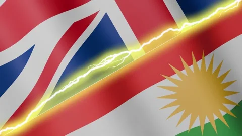 Two waving flags United Kingdom and Kurdistan with diagonal lightning, 4k loop Stock Footage 340198175