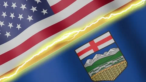 Two waving flags United State and Alberta with diagonal lightning 4k loop Stock Footage 335883247