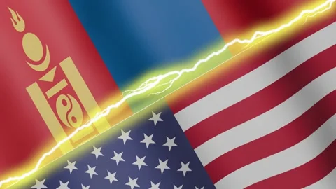 Two waving flags United States and Mongolia with diagonal lightning, 4k loop Video stock 338196385