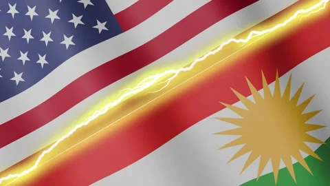 Two waving flags United States and Kurdistan with diagonal lightning, 4k loop Stock Footage 340198179