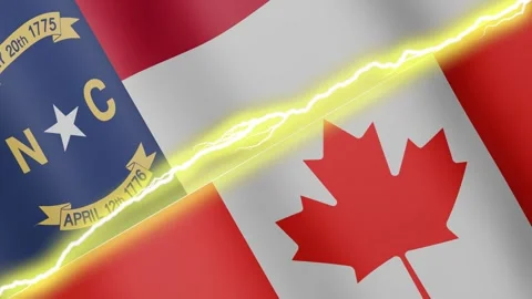 Two waving flags USA State of North Carolina and Canada with diagonal lightning Stock Footage 335218205