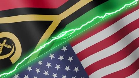 Two waving flags Vanuatu and United States with diagonal lightning 4k loop Stock Footage 327666812