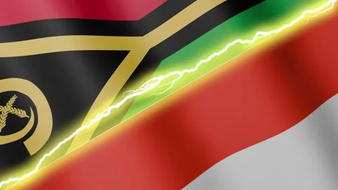 Two waving flags Vanuatu and Indonesia with diagonal lightning, 4k loop Stock Footage 341758301