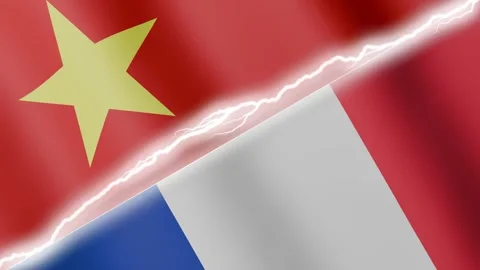 Two waving flags Vietnam and France with diagonal lightning 4k loop Stock Footage 329224141