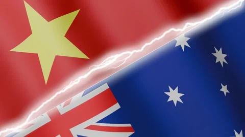 Two waving flags Vietnam and Australia with diagonal lightning 4k loop Stock Footage 329856641