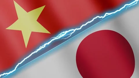 Two waving flags Vietnam and Japan with diagonal lightning 4k loop Stock Footage 331230077