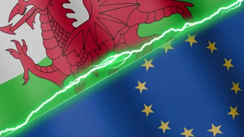Two waving flags Wales and European Union with diagonal lightning, 4k loop Stock Footage 327662672