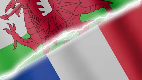 Two waving flags Wales and France with diagonal lightning 4k loop Stock Footage 329223809