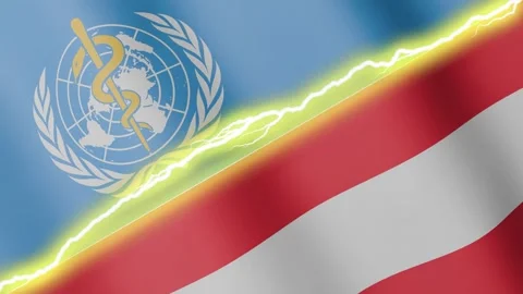 Two waving flags World Health Organization and Austria with diagonal lightning, Stock Footage 346015270