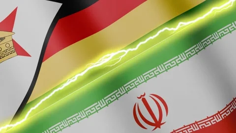 Two waving flags Zimbabwe and Iran with diagonal lightning, 4k loop Stock Footage 337876309