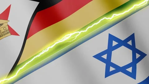 Two waving flags Zimbabwe and Israel with diagonal lightning, 4k loop Video stock 338182849