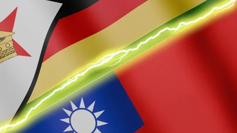 Two waving flags Zimbabwe and Taiwan with diagonal lightning, 4k loop Stock Footage 339259548