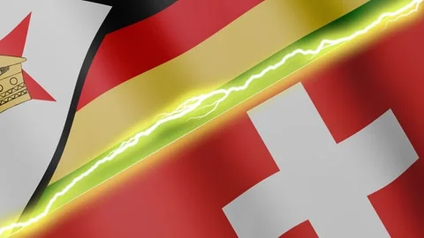 Two waving flags Zimbabwe and Switzerland with diagonal lightning, 4k loop Stock Footage 339473974
