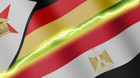 Two waving flags Zimbabwe and Egypt with diagonal lightning, 4k loop Stock Footage 339995129