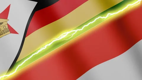 Two waving flags Zimbabwe and Indonesia with diagonal lightning, 4k loop Stock Footage 341758366