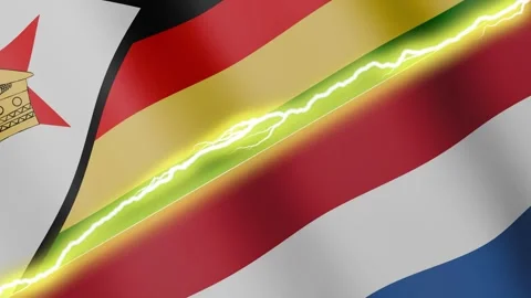 Two waving flags Zimbabwe and Netherlands with diagonal lightning, 4k loop Stock Footage 342622100