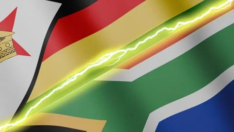 Two waving flags Zimbabwe and South Africa with diagonal lightning, 4k loop Stock Footage 342793442