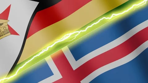 Two waving flags Zimbabwe and Iceland with diagonal lightning, 4k loop Stock Footage 344102670