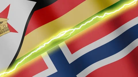 Two waving flags Zimbabwe and Norway with diagonal lightning, 4k loop 動画素材 344569431