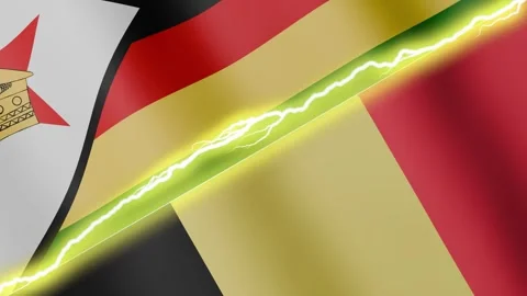 Two waving flags Zimbabwe and Belgium with diagonal lightning, 4k loop 動画素材 344751293