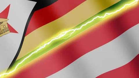 Two waving flags Zimbabwe and Austria with diagonal lightning, 4k loop Stock Footage 346015307