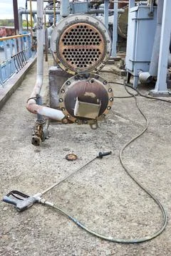 Two way heat exchanger shell and tubes with header opened for repairing, depo Foto stock