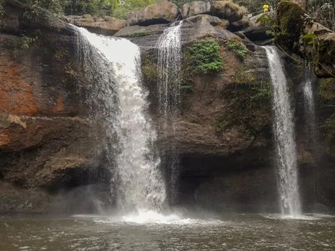 Two-Way Waterfall Cascading into the Deep Rainy Forest Stock Photos