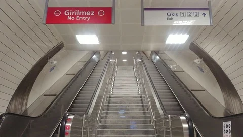 Two ways escalators at railway, transportation, metro, subway, no people Stock Footage 86362468