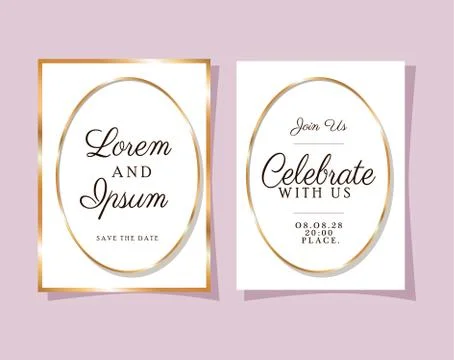 Two wedding invitations with gold frames vector design Illustrazione stock