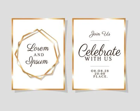 Two wedding invitations with gold frames vector design Illustrazione stock