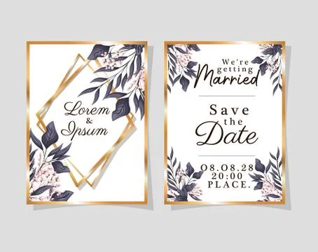 Two wedding invitations with gold frames flowers and leaves vector design Stock Illustration