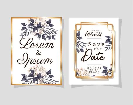 Two wedding invitations with gold frames flowers and leaves vector design Stock Illustration