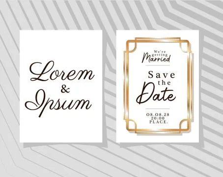 Two wedding invitations with gold frames on gray striped background vector Illustrazione stock