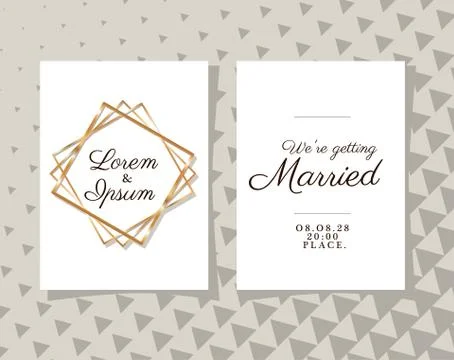 Two wedding invitations with gold frames on gray pattern background vector Stock Illustration