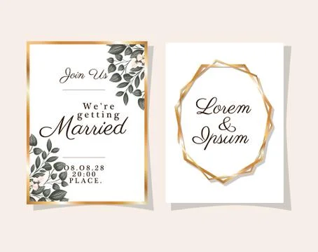 Two wedding invitations with gold frames flowers and leaves vector design Illustrazione stock
