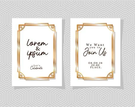 Two wedding invitations with gold frames on gray pattern background vector Stock Illustration