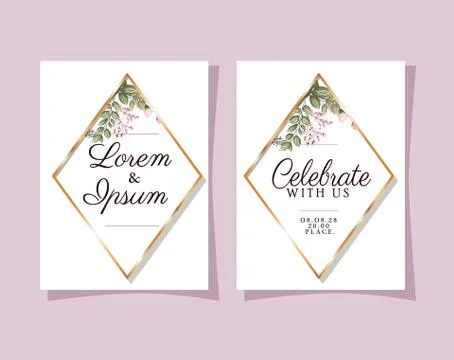 Two wedding invitations with gold frames on pink background vector design Stock Illustration