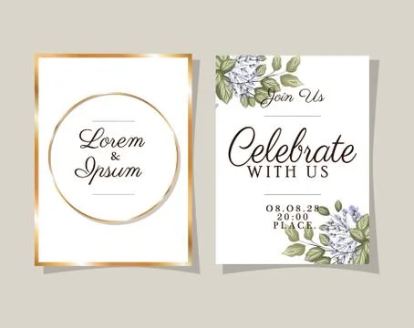 Two wedding invitations with gold frames on gray background vector design Stockillustratie