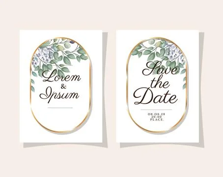 Two wedding invitations with gold frames flowers and leaves vector design Stock Illustration