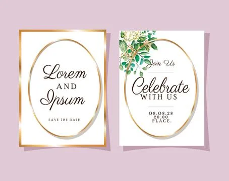 Two wedding invitations with gold frames on pink background vector design Illustrazione stock